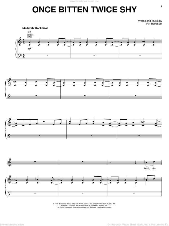 Once Bitten Twice Shy sheet music for voice, piano or guitar by Ian Hunter and Great White, intermediate skill level