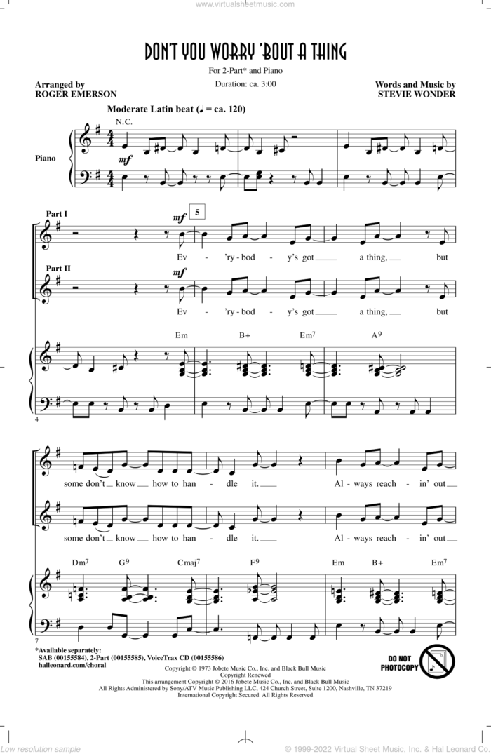 Don't You Worry 'Bout A Thing (arr. Roger Emerson) sheet music for choir (2-Part) by Stevie Wonder and Roger Emerson, intermediate duet