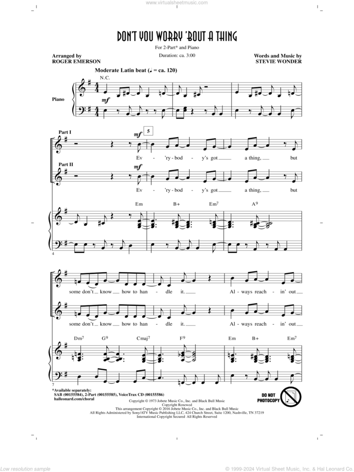 Don't You Worry 'Bout A Thing (arr. Roger Emerson) sheet music for choir (2-Part) by Stevie Wonder and Roger Emerson, intermediate duet