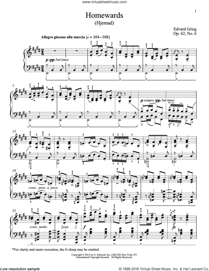 Homewards (Hjemad), Op. 62, No. 6 sheet music for piano solo by Edvard Grieg and William Westney, classical score, intermediate skill level