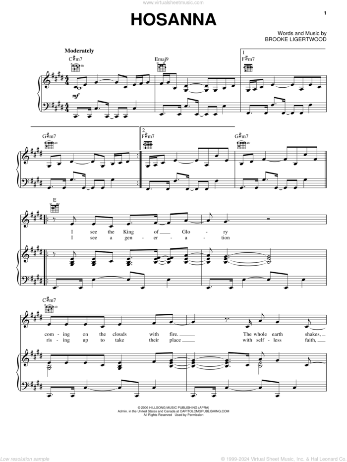 Hosanna sheet music for voice, piano or guitar by Hillsong United and Brooke Ligertwood, intermediate skill level
