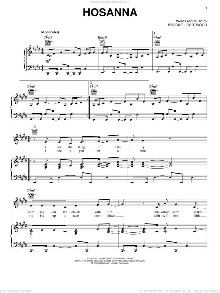 Hosanna sheet music for voice, piano or guitar by Hillsong United and Brooke Ligertwood, intermediate skill level