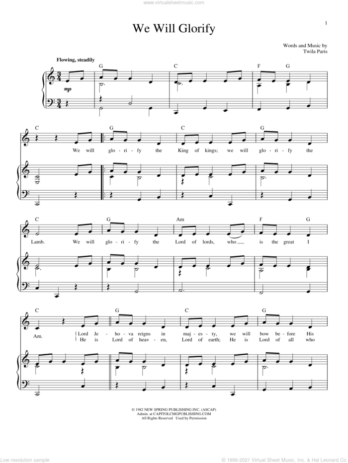 We Will Glorify sheet music for voice and piano by Twila Paris, intermediate skill level