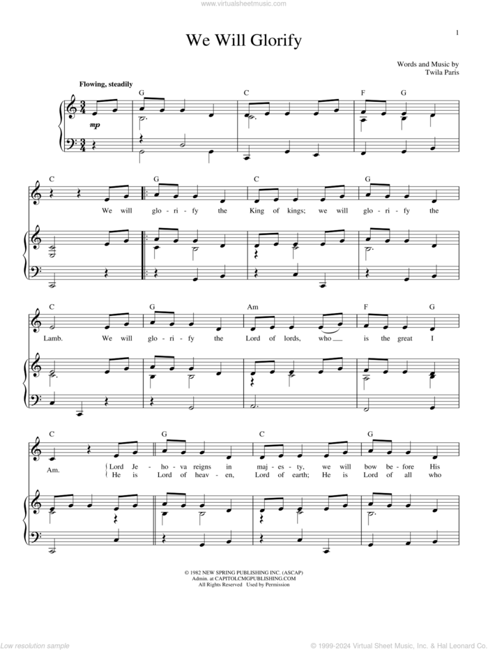 We Will Glorify sheet music for voice and piano by Twila Paris, intermediate skill level