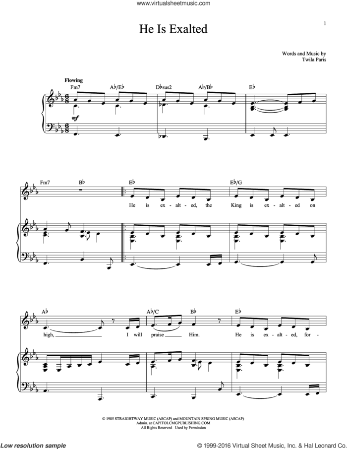 He Is Exalted sheet music for voice and piano by Twila Paris, intermediate skill level