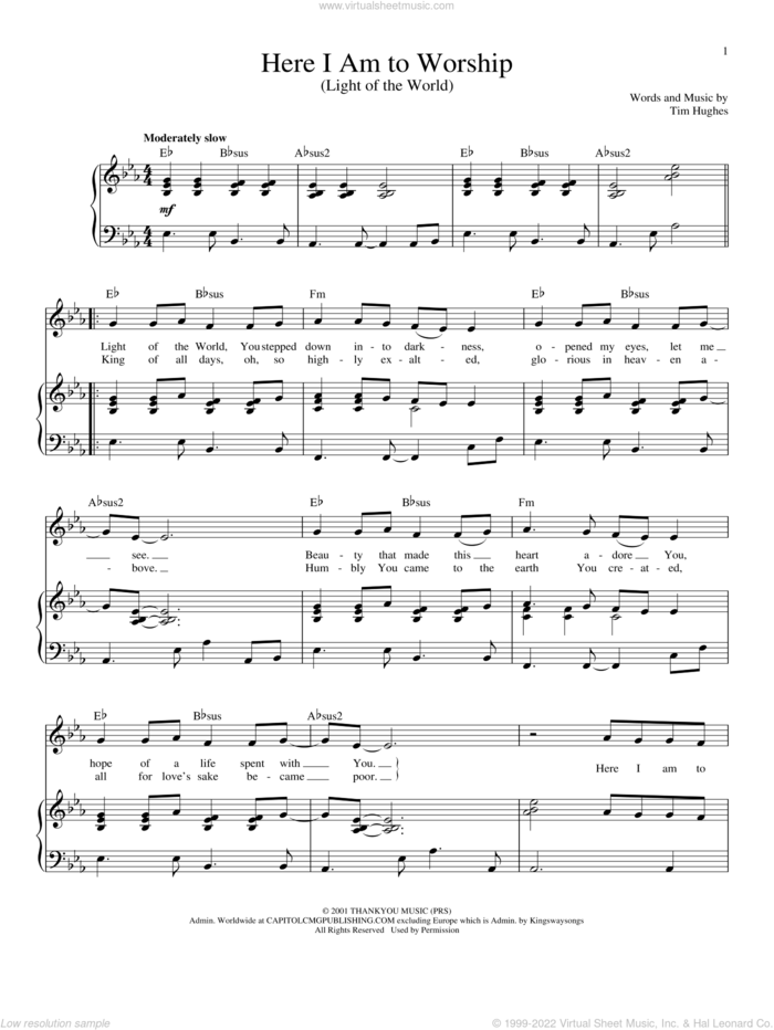 Here I Am To Worship (Light Of The World) sheet music for voice and piano by Tim Hughes and Phillips, Craig & Dean, intermediate skill level