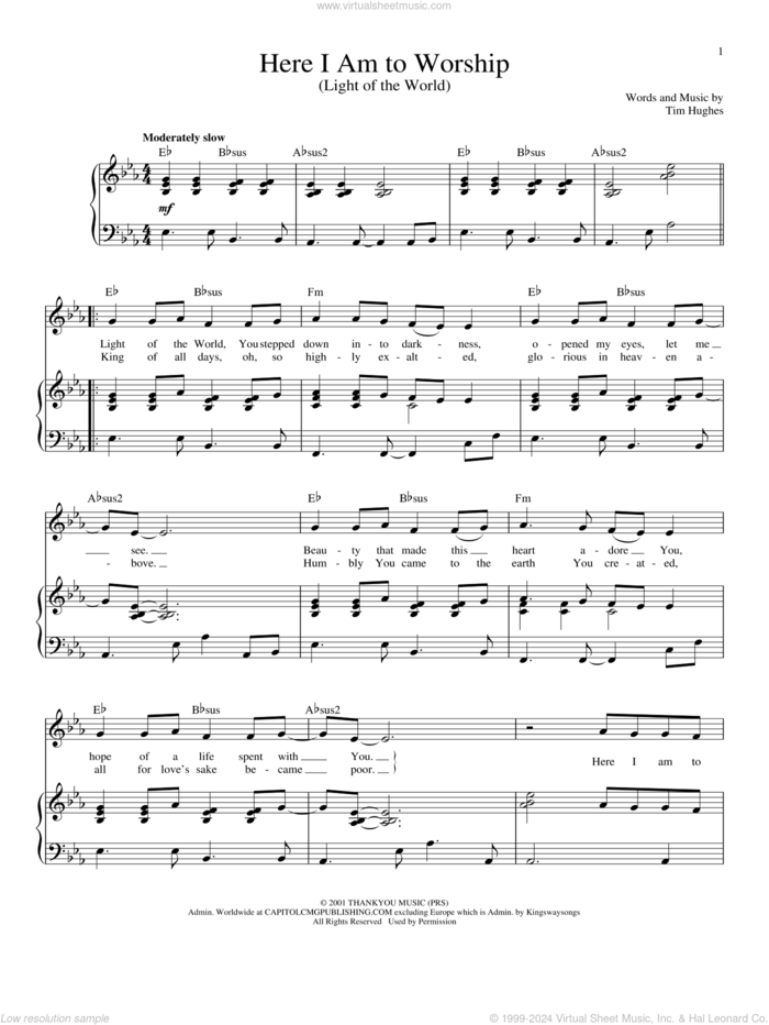 Here I Am To Worship (Light Of The World) sheet music for voice and piano by Tim Hughes and Phillips, Craig & Dean, intermediate skill level