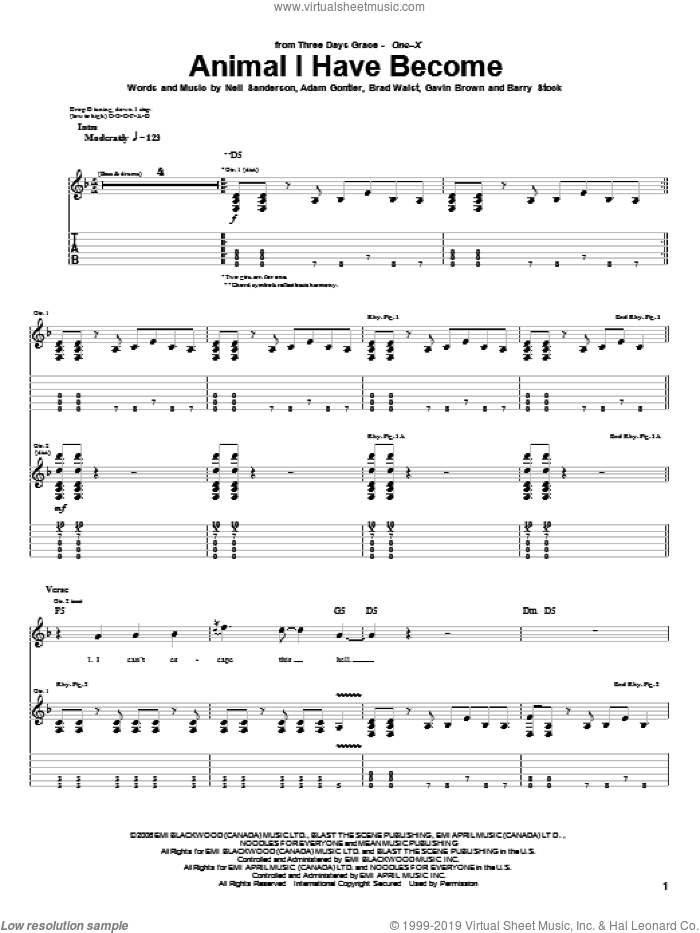 Animal I Have Become sheet music for guitar (tablature) by Three Days Grace, Adam Gontier, Barry Stock, Brad Walst, Gavin Brown and Neil Sanderson, intermediate skill level