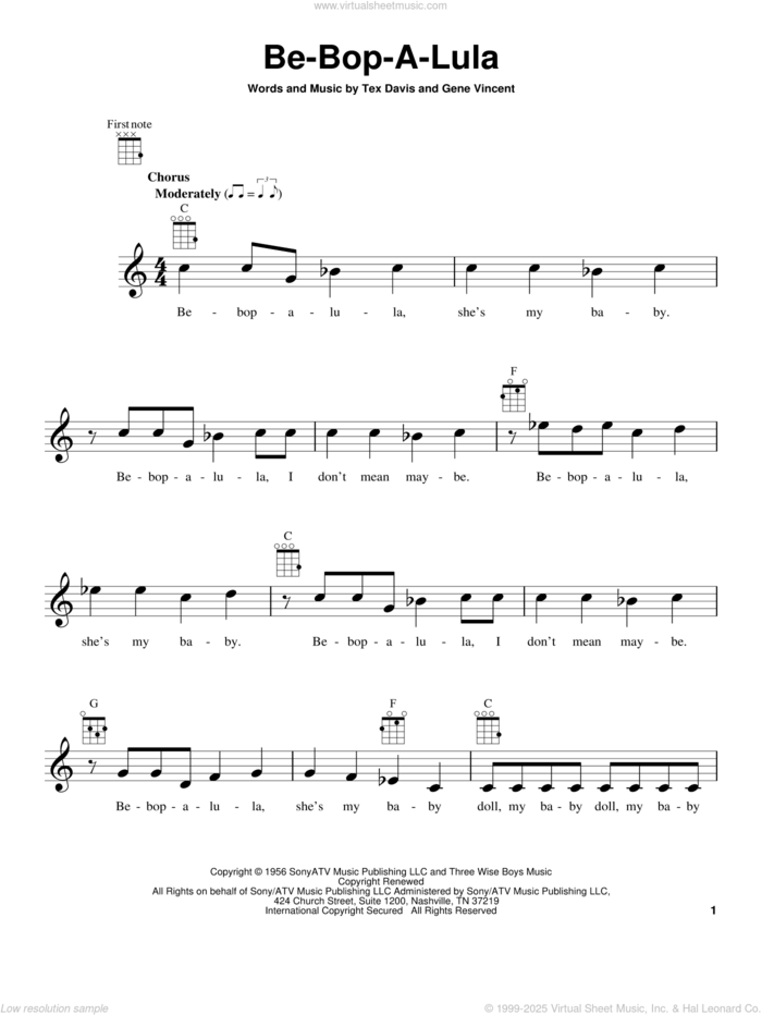 Be-Bop-A-Lula sheet music for ukulele by Gene Vincent & Tex Davis, Gene Vincent and Tex Davis, intermediate skill level