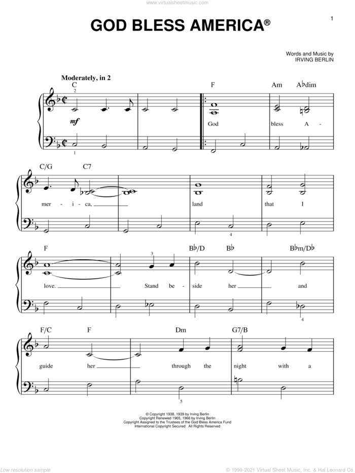 God Bless America sheet music for piano solo by Irving Berlin and Celine Dion, beginner skill level