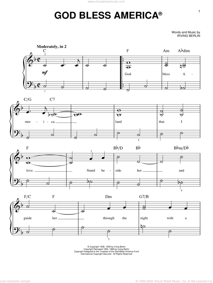 God Bless America, (beginner) sheet music for piano solo by Irving Berlin and Celine Dion, beginner skill level