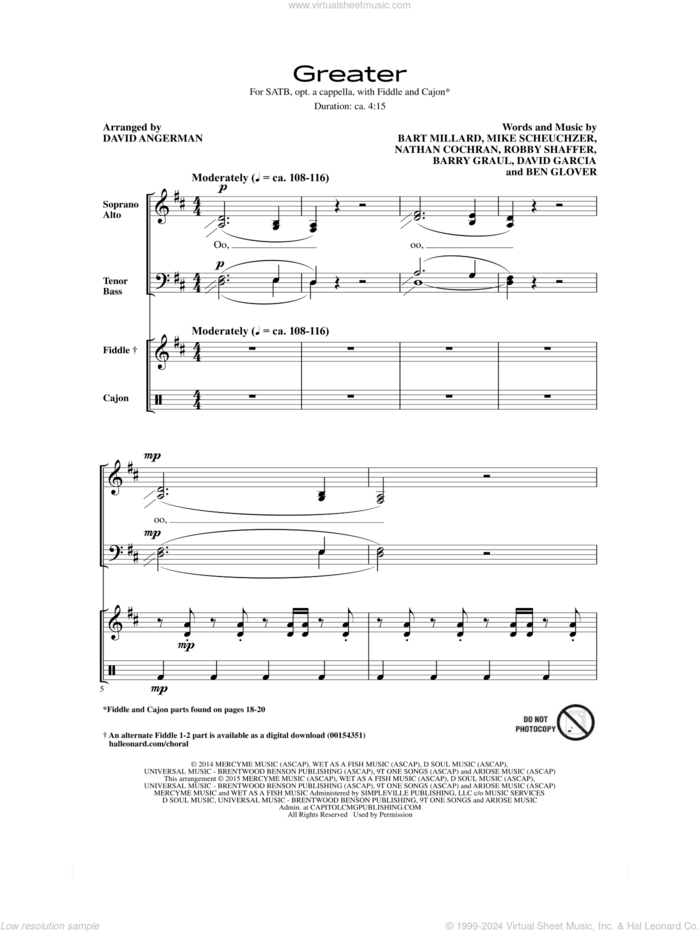 Greater sheet music for choir (SATB: soprano, alto, tenor, bass) by Ben Glover, David Angerman, MercyMe, Barry Graul, Bart Millard, David Garcia, Mike Scheuchzer, Nathan Cochran and Robby Shaffer, intermediate skill level