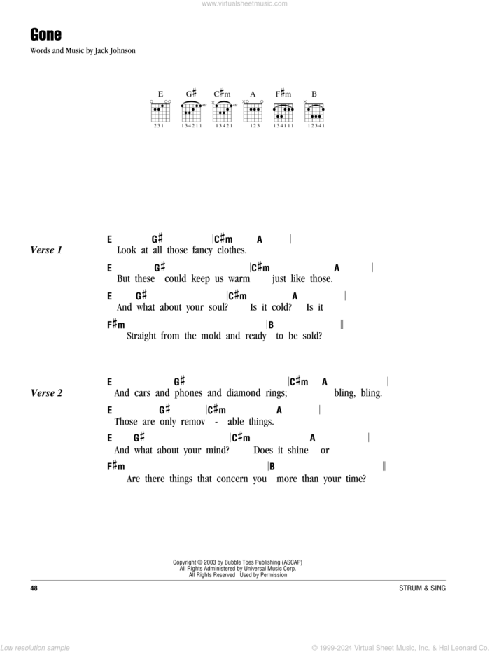 Gone sheet music for guitar (chords) by Jack Johnson, intermediate skill level