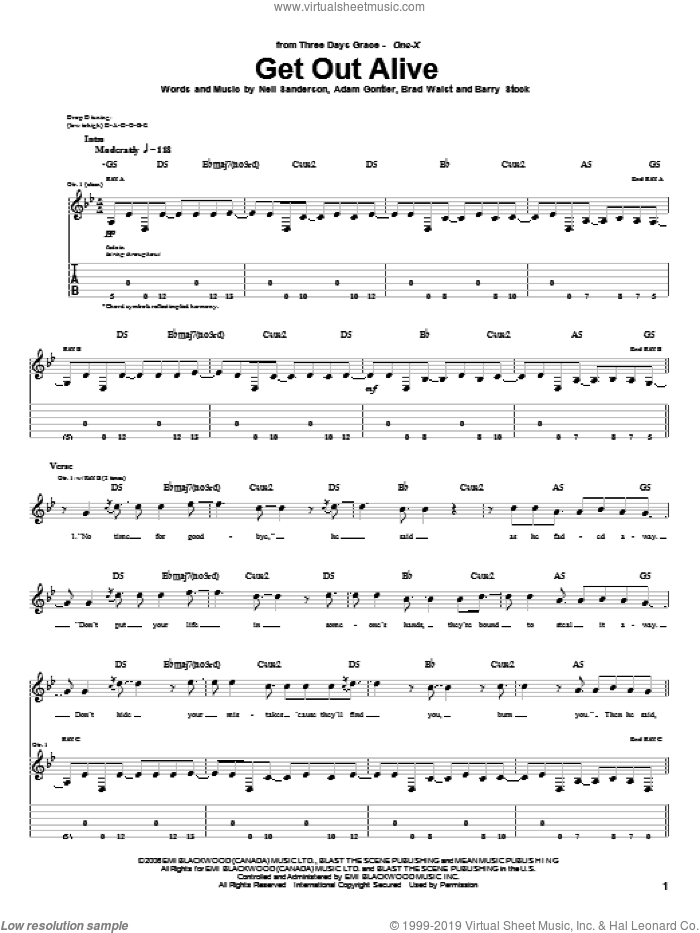 Get Out Alive sheet music for guitar (tablature) by Three Days Grace, Adam Gontier, Barry Stock, Brad Walst and Neil Sanderson, intermediate skill level