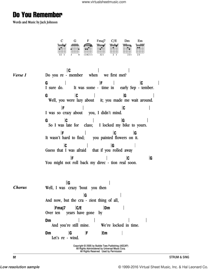 Do You Remember sheet music for guitar (chords) by Jack Johnson, intermediate skill level