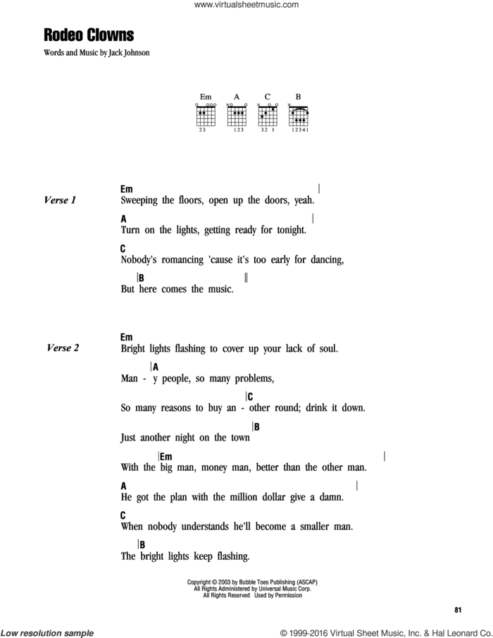 Rodeo Clowns sheet music for guitar (chords) by Jack Johnson, intermediate skill level