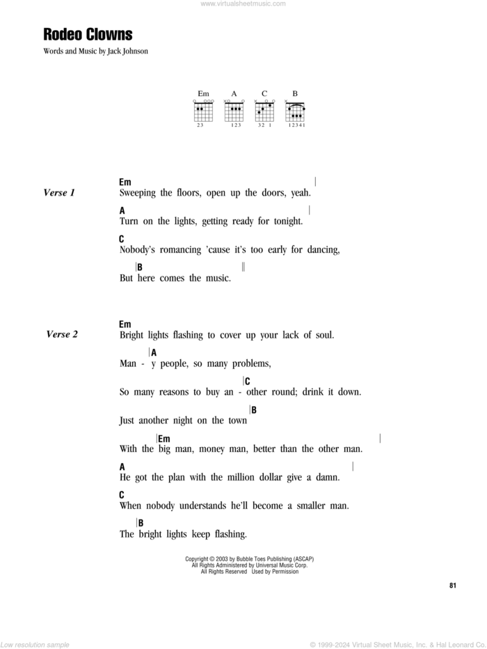 Rodeo Clowns sheet music for guitar (chords) by Jack Johnson, intermediate skill level