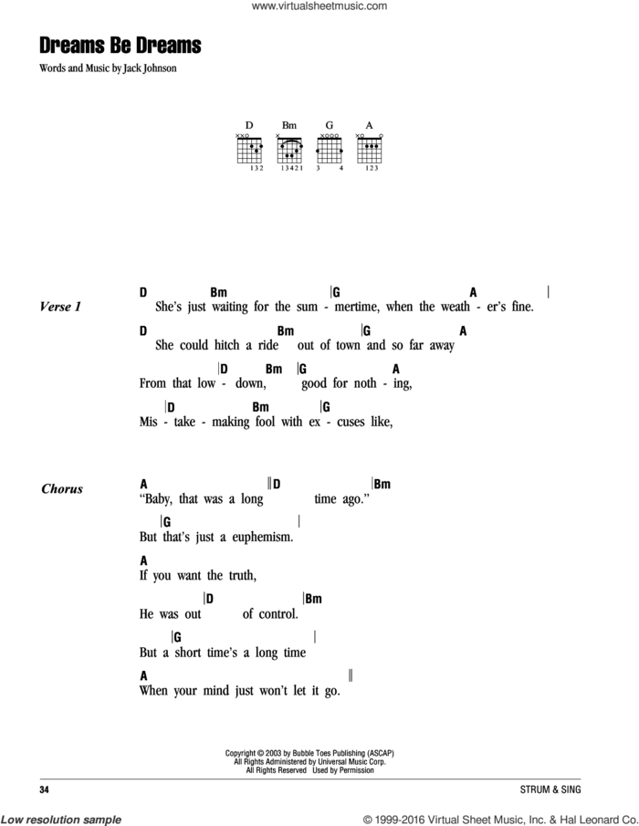 Dreams Be Dreams sheet music for guitar (chords) by Jack Johnson, intermediate skill level