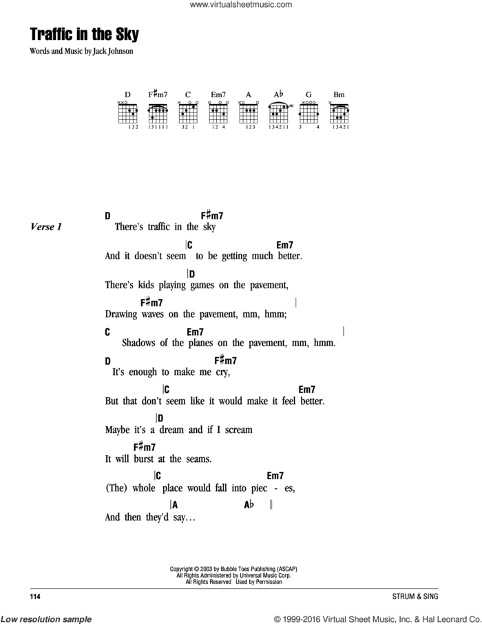 Traffic In The Sky sheet music for guitar (chords) by Jack Johnson, intermediate skill level