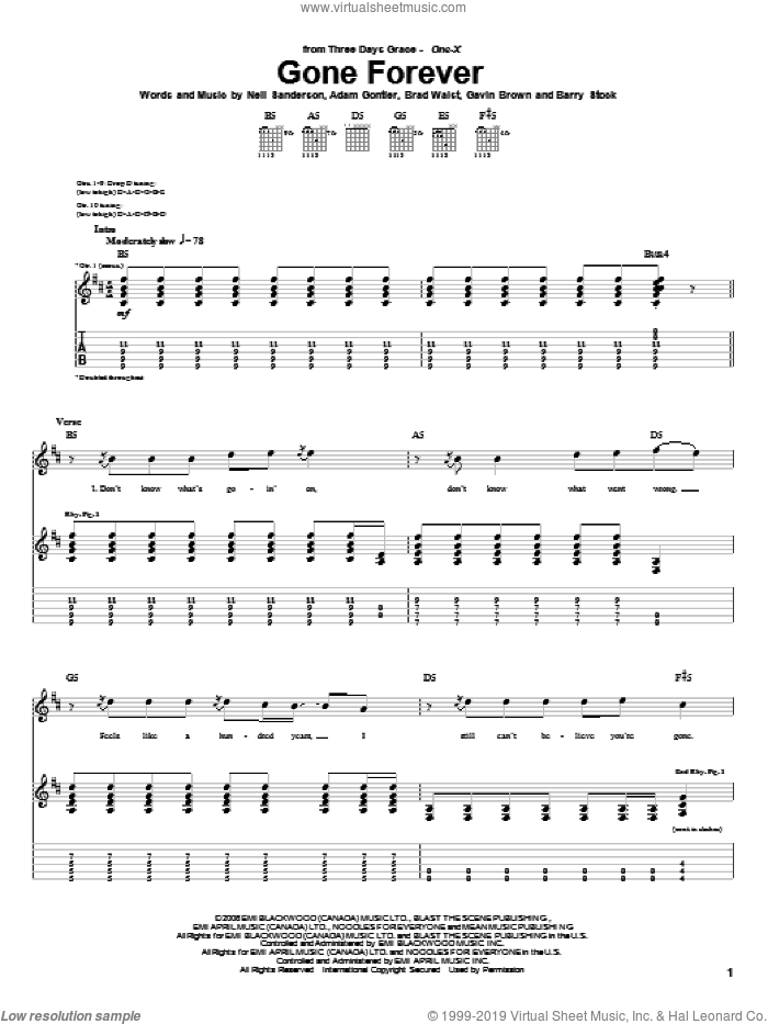 Gone Forever sheet music for guitar (tablature) by Three Days Grace, Adam Gontier, Barry Stock, Brad Walst, Gavin Brown and Neil Sanderson, intermediate skill level