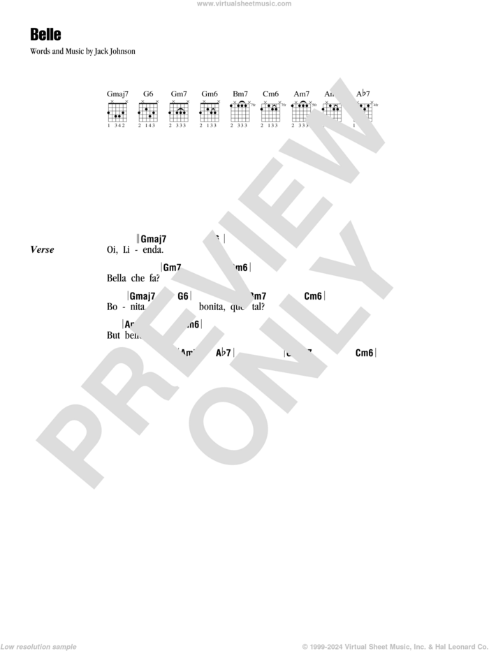 Belle sheet music for guitar (chords) by Jack Johnson, intermediate skill level