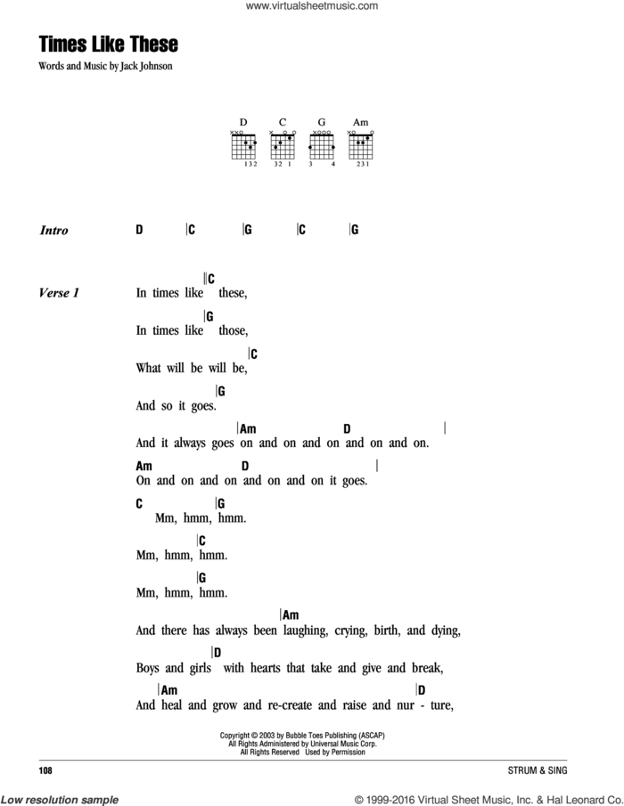Times Like These sheet music for guitar (chords) by Jack Johnson, intermediate skill level