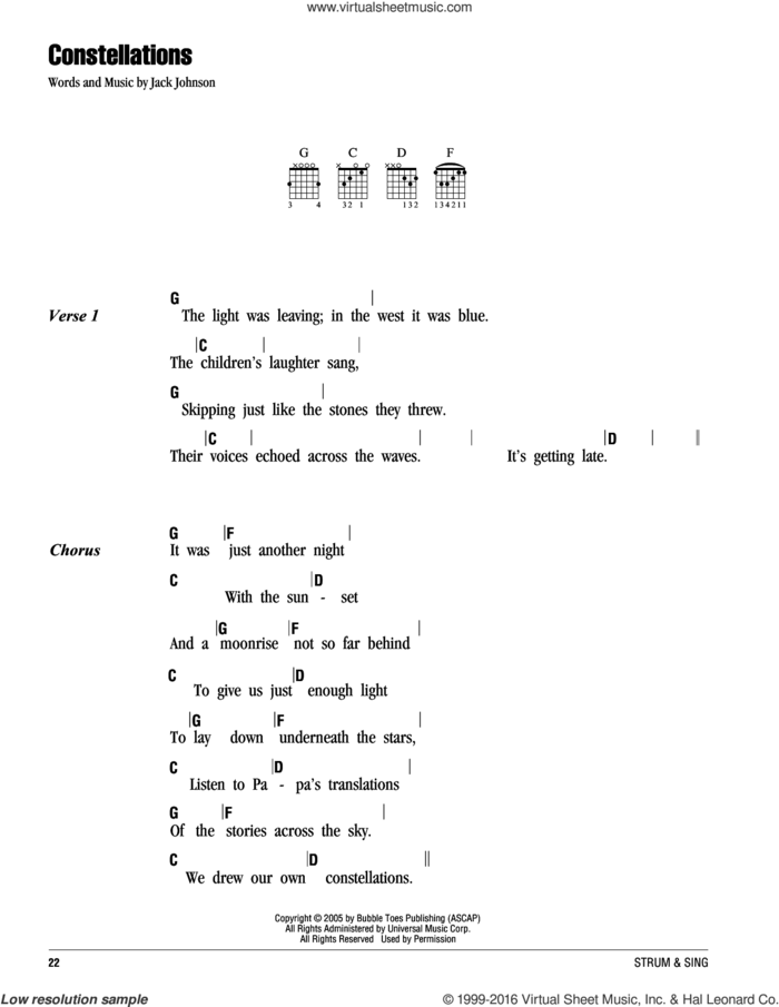 Constellations sheet music for guitar (chords) by Jack Johnson, intermediate skill level