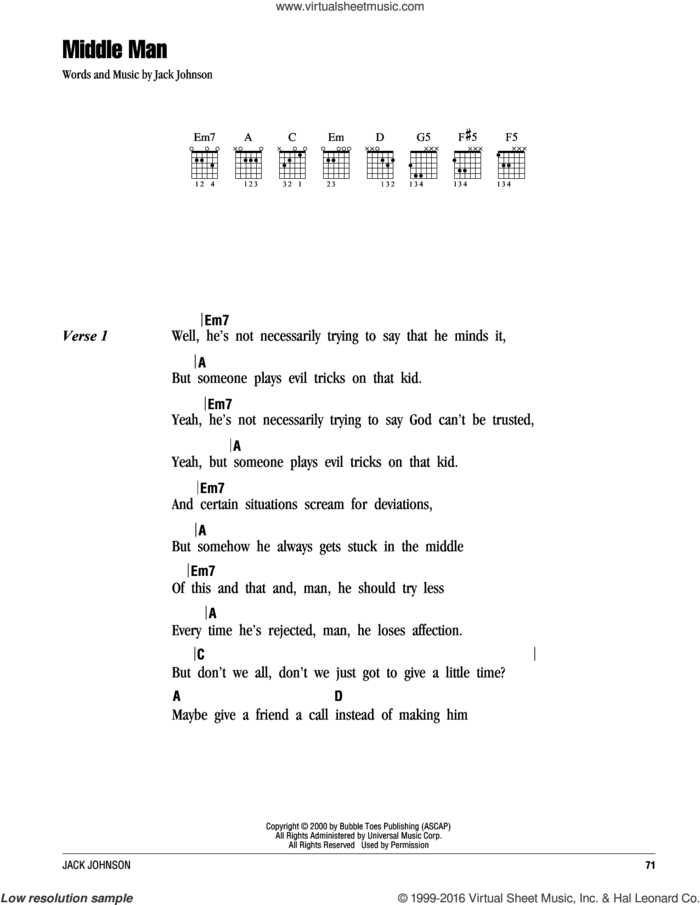 Middle Man sheet music for guitar (chords) by Jack Johnson, intermediate skill level