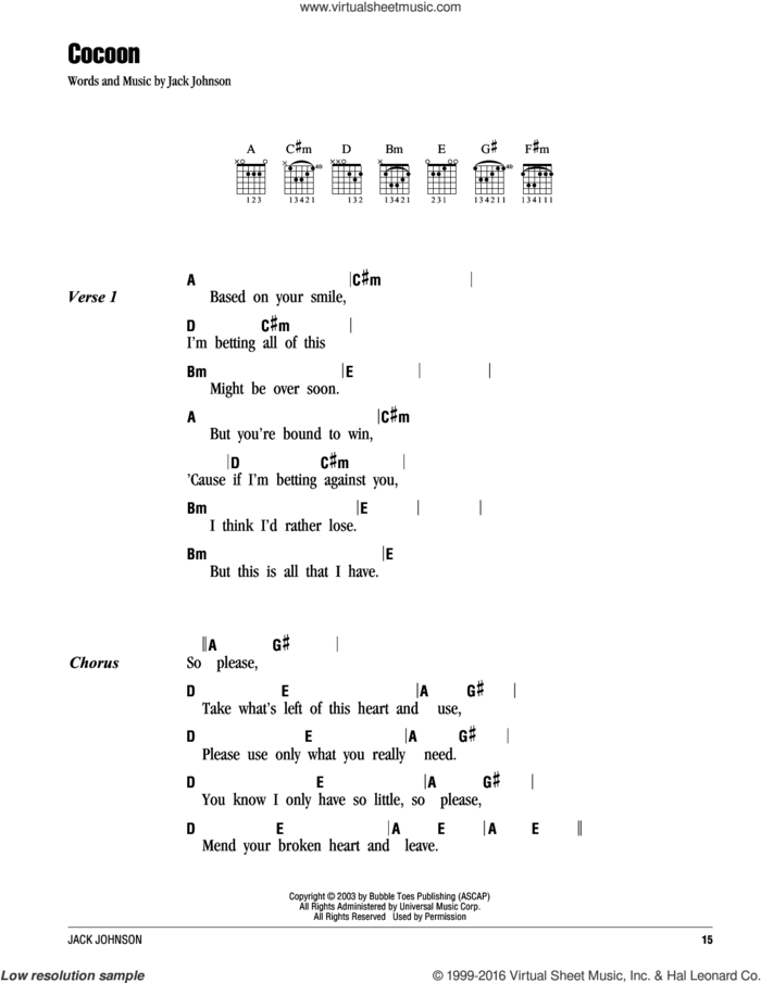 Cocoon sheet music for guitar (chords) by Jack Johnson, intermediate skill level