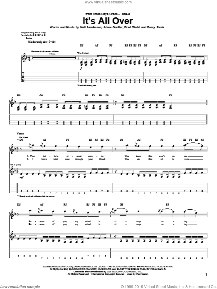 It's All Over sheet music for guitar (tablature) by Three Days Grace, Adam Gontier, Barry Stock, Brad Walst and Neil Sanderson, intermediate skill level