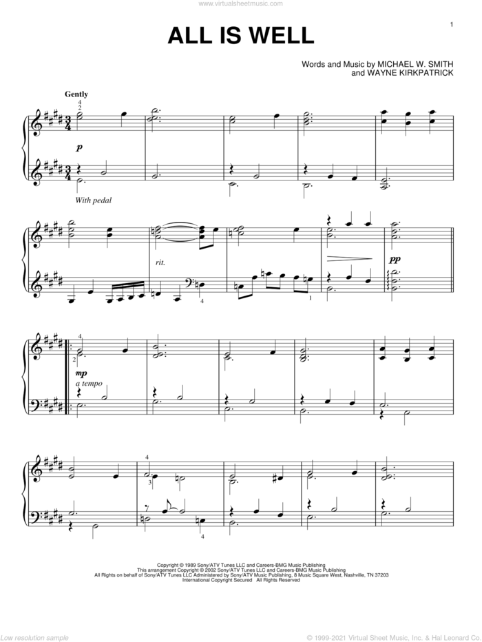 All Is Well, (intermediate) sheet music for piano solo by Michael W. Smith and Wayne Kirkpatrick, intermediate skill level