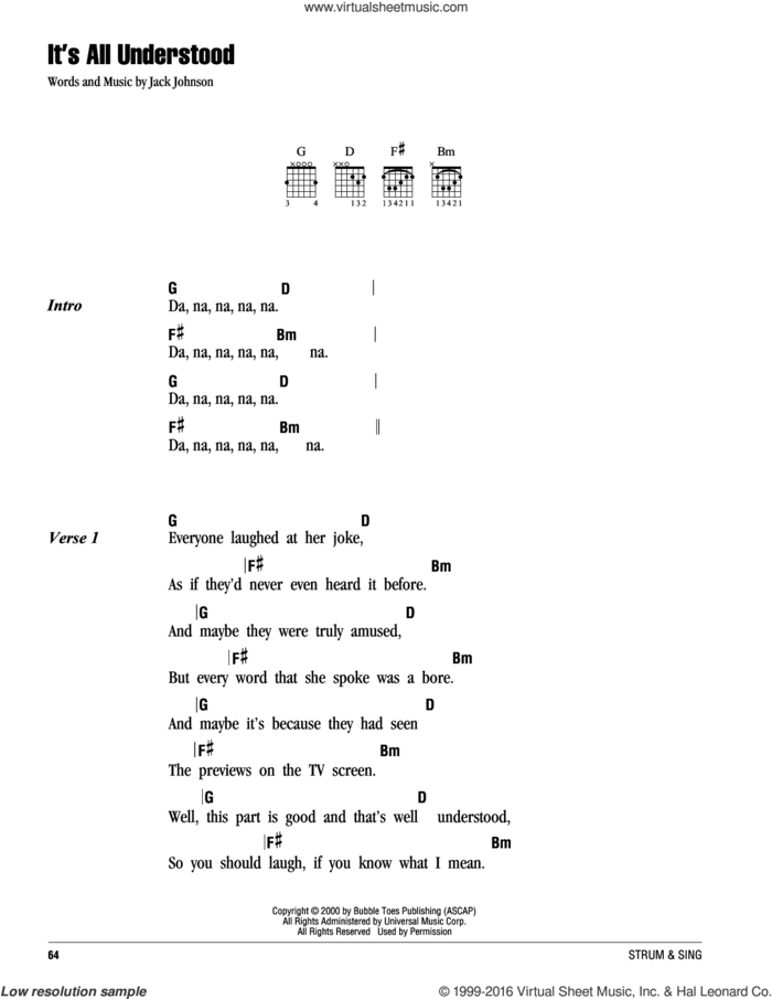 It's All Understood sheet music for guitar (chords) by Jack Johnson, intermediate skill level