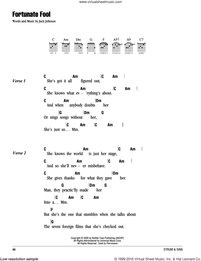 Fortunate Fool sheet music for guitar (chords) by Jack Johnson, intermediate skill level