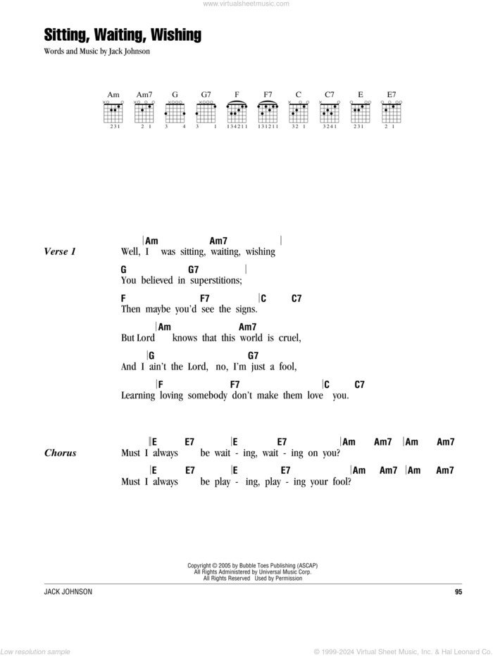 Sitting, Waiting, Wishing sheet music for guitar (chords) by Jack Johnson, intermediate skill level