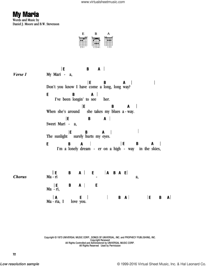 My Maria sheet music for guitar (chords) by Brooks & Dunn, B.W. Stevenson and Daniel Moore, intermediate skill level