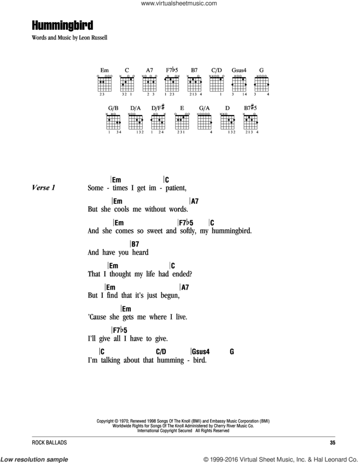 Hummingbird sheet music for guitar (chords) by Leon Russell, intermediate skill level