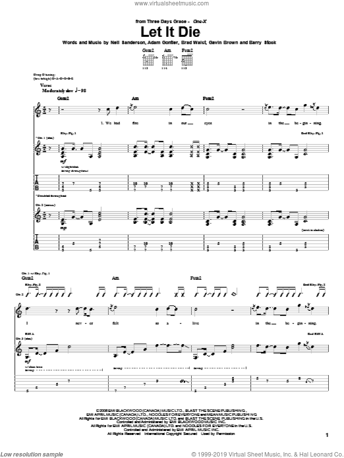 Let It Die sheet music for guitar (tablature) by Three Days Grace, Adam Gontier, Barry Stock, Brad Walst, Gavin Brown and Neil Sanderson, intermediate skill level