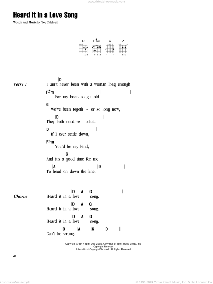 Heard It In A Love Song sheet music for guitar (chords) by Marshall Tucker Band and Toy Caldwell, intermediate skill level