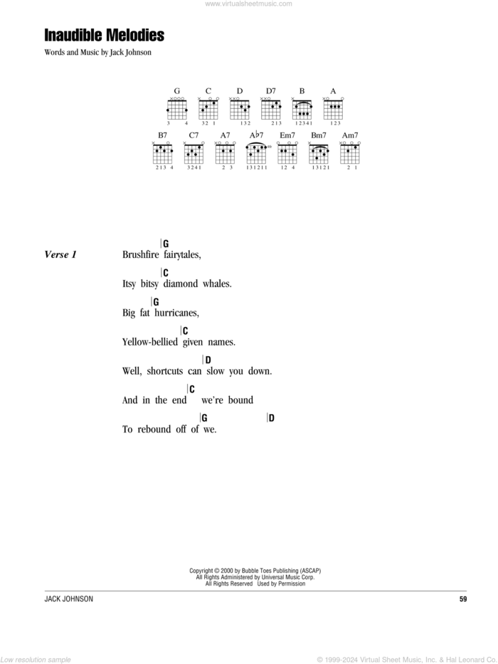 Inaudible Melodies sheet music for guitar (chords) by Jack Johnson, intermediate skill level