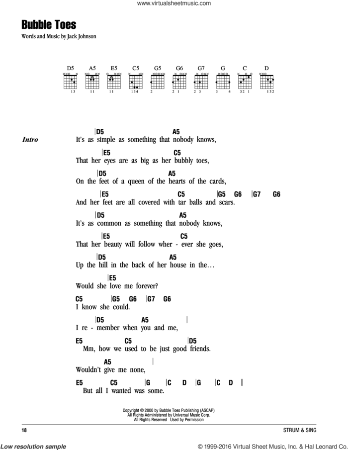 Bubble Toes sheet music for guitar (chords) by Jack Johnson, intermediate skill level