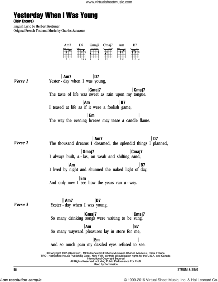Yesterday, When I Was Young (Hier Encore) sheet music for guitar (chords) by Roy Clark, Charles Aznavour and Herbert Kretzmer, intermediate skill level