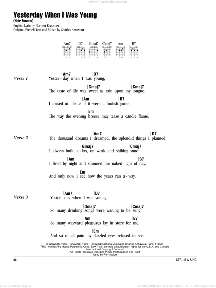 Yesterday, When I Was Young (Hier Encore) sheet music for guitar (chords) by Roy Clark, Charles Aznavour and Herbert Kretzmer, intermediate skill level