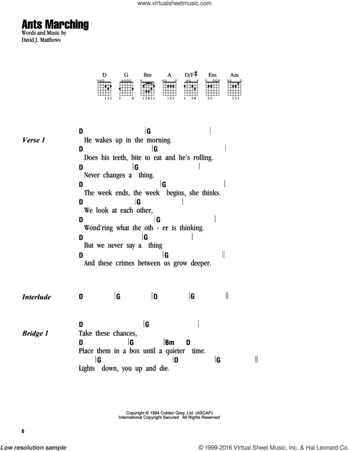 Ants Marching sheet music for guitar (chords) by Dave Matthews Band, intermediate skill level