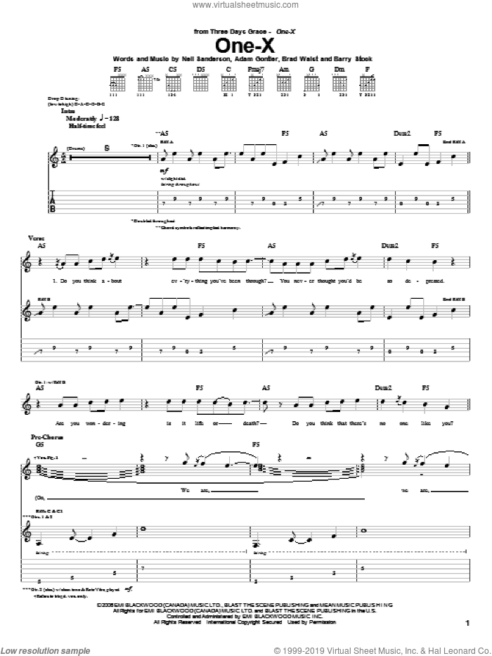 One-X sheet music for guitar (tablature) by Three Days Grace, Adam Gontier, Barry Stock, Brad Walst and Neil Sanderson, intermediate skill level