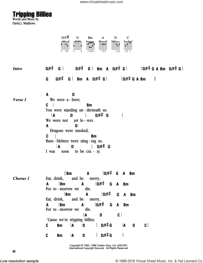 Tripping Billies sheet music for guitar (chords) by Dave Matthews Band, intermediate skill level