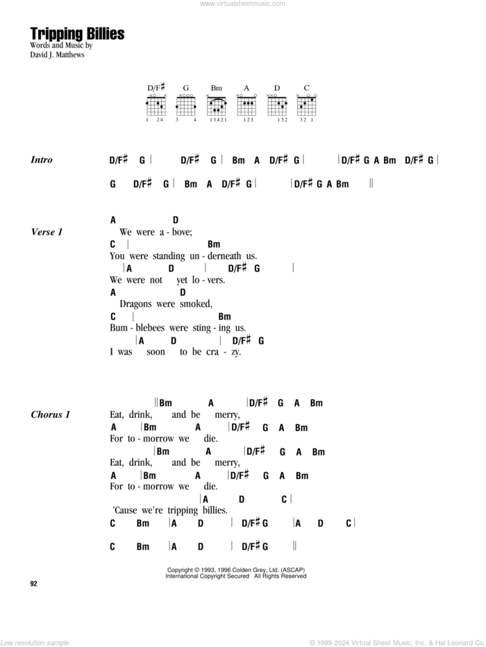 Tripping Billies sheet music for guitar (chords) by Dave Matthews Band, intermediate skill level