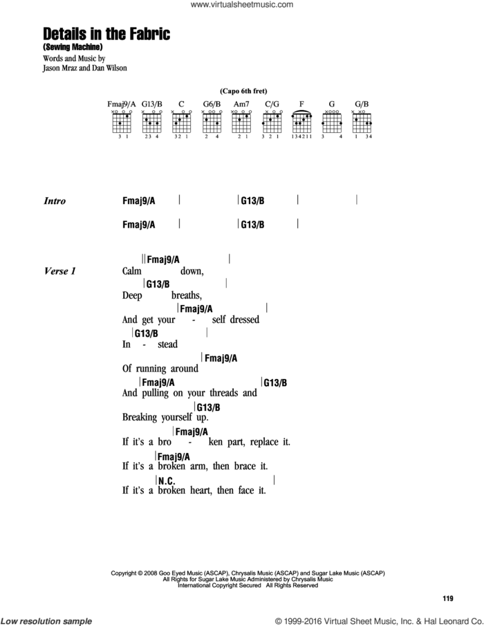 Details In The Fabric (Sewing Machine) sheet music for guitar (chords) by Jason Mraz and Dan Wilson, intermediate skill level