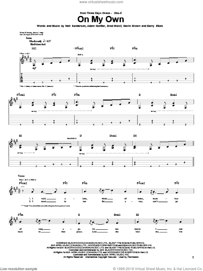 On My Own sheet music for guitar (tablature) by Three Days Grace, Adam Gontier, Barry Stock, Brad Walst, Gavin Brown and Neil Sanderson, intermediate skill level