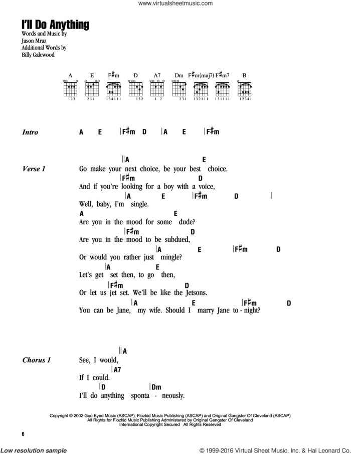I'll Do Anything sheet music for guitar (chords) by Jason Mraz and Bill Galewood, intermediate skill level