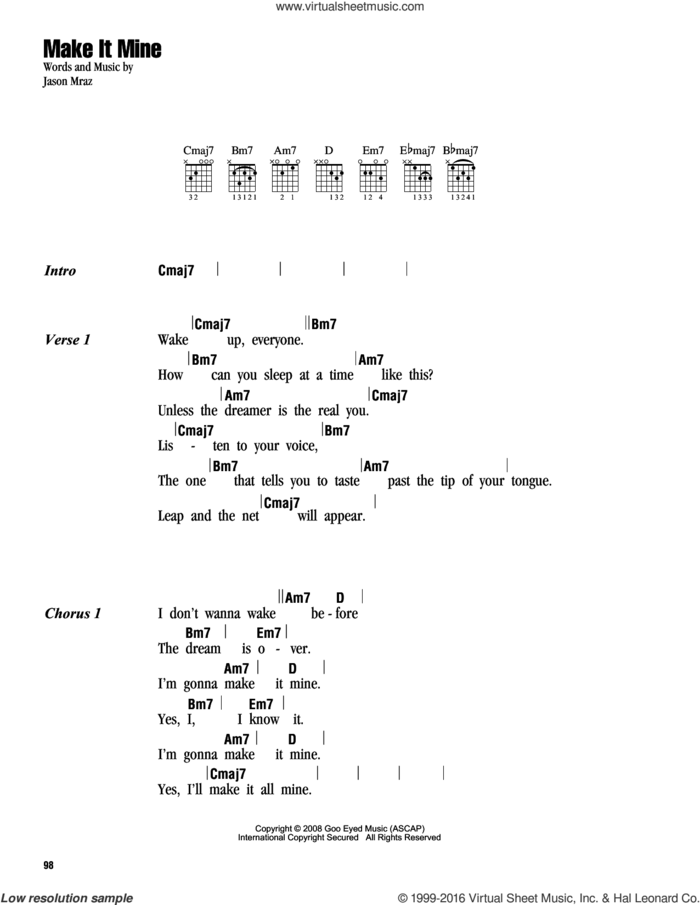 Make It Mine sheet music for guitar (chords) by Jason Mraz, intermediate skill level